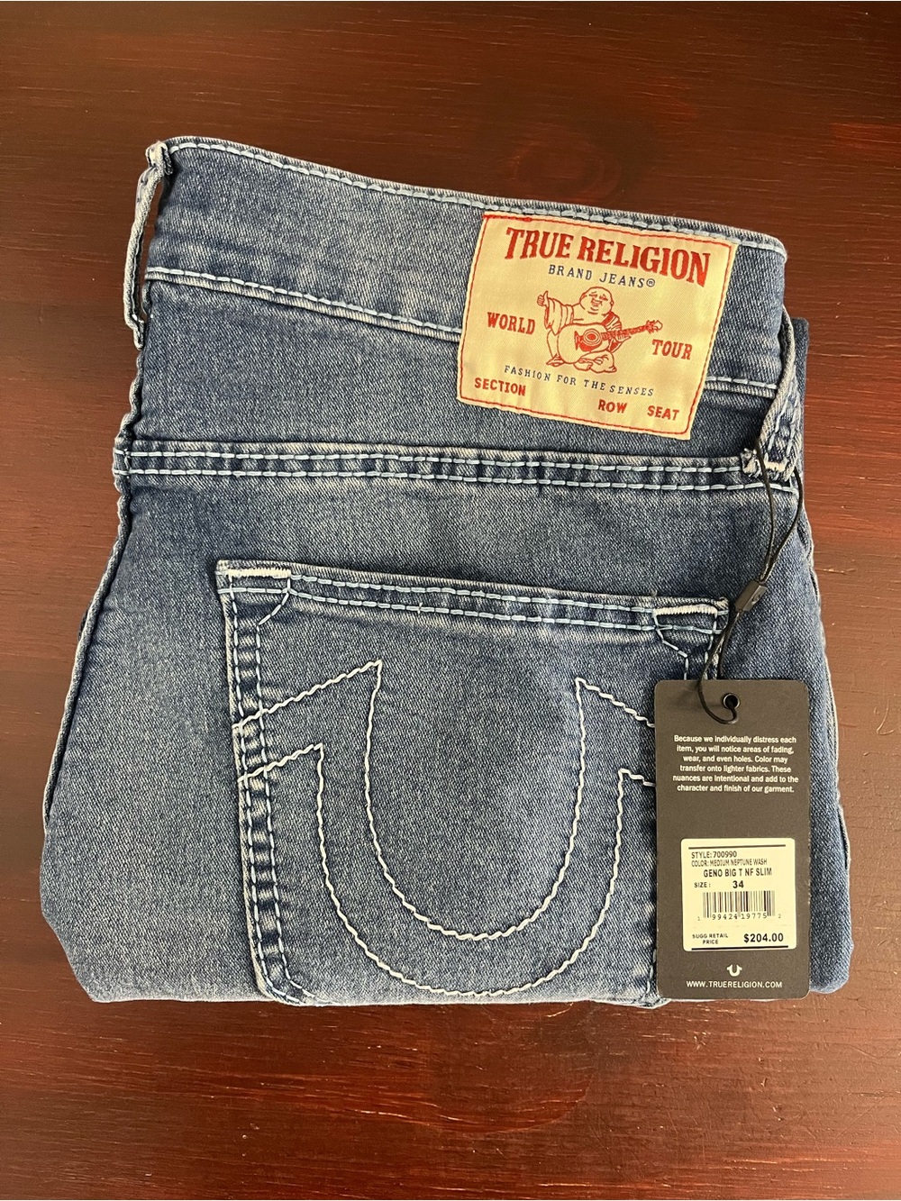 True Religion Blue Jeans GENO Big T  Slim Mens 34x32 Light Blue Stitch $204